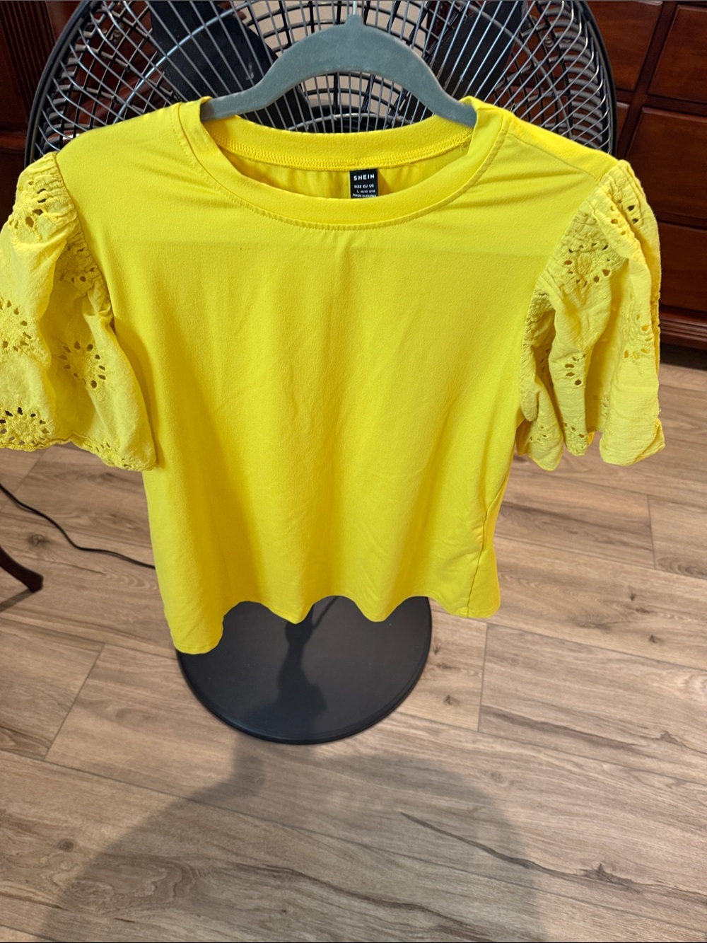 SHEIN Bright Yellow Eyelet Puff Sleeve Tee